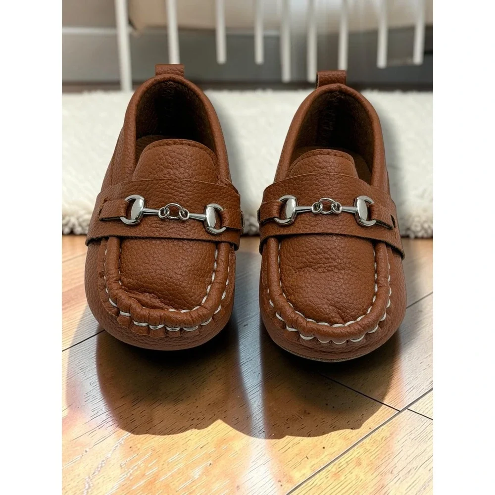 Lucky Love Baby Boys Tan Pebbled Faux Leather Horsebit Loafers Size 2